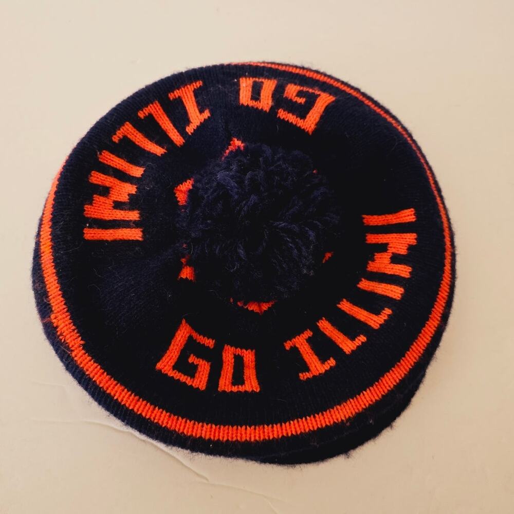VTG U of I Illini Knit Pom Visor Bill Hat Cap Beanie Beret Newsboy Golf Illinois